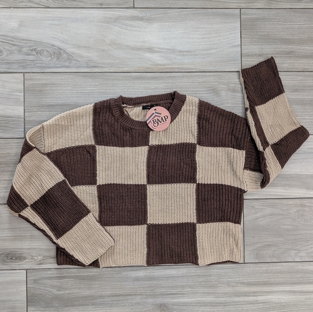 Love Tree Cropped Brown and Tan Checkered Sweater